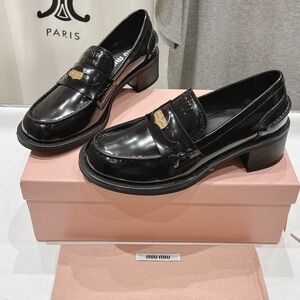 Women's Miu Miu Black Patent Leather Logo Plaque Block Heel Loafer